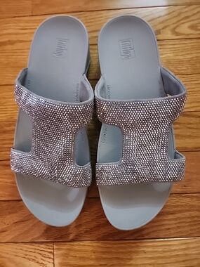 Fitflop Marli Silver Wedge Women’s  Slide Sandals With Micro Crystals